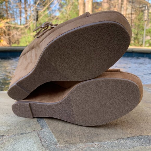 Journee Collection Skyla Tan Microsuede Strappy Peep Toe Demi Wedges - Picture 12 of 15